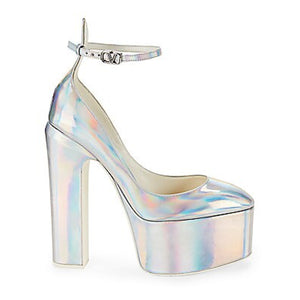 Valentino Patent Silver Block Heel Platform Pumps Size 38.5 EU / US 8.5