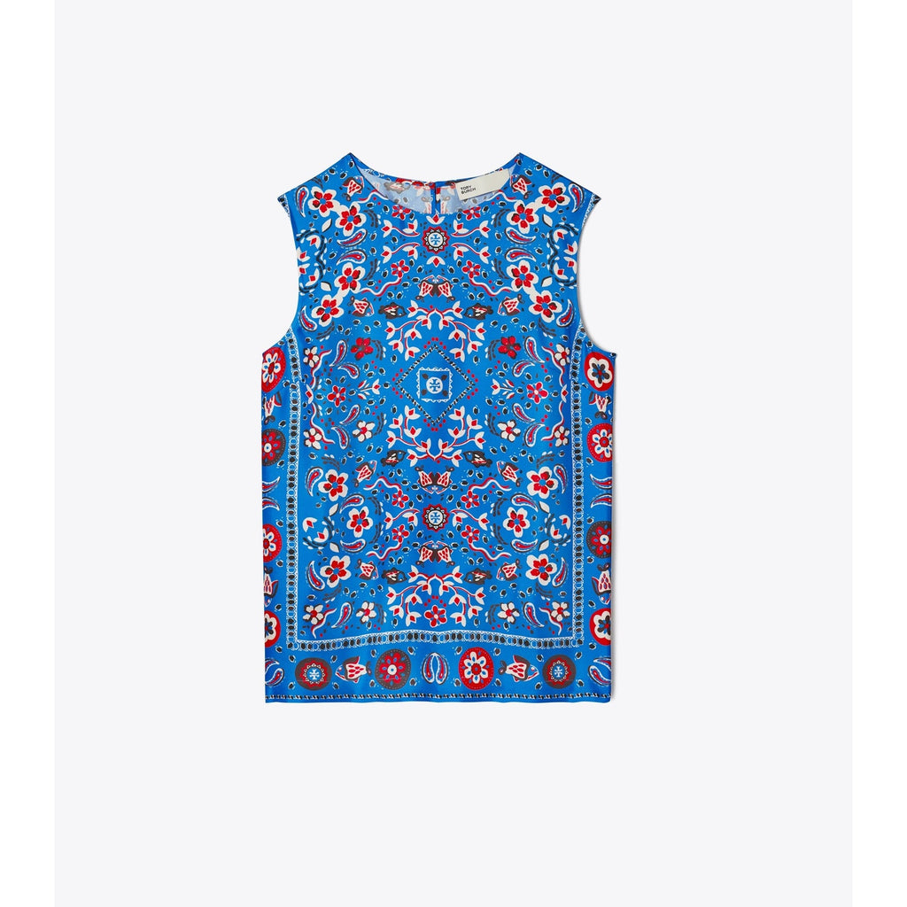 Tory Burch Printed Blue Silk Shell Top Size 2