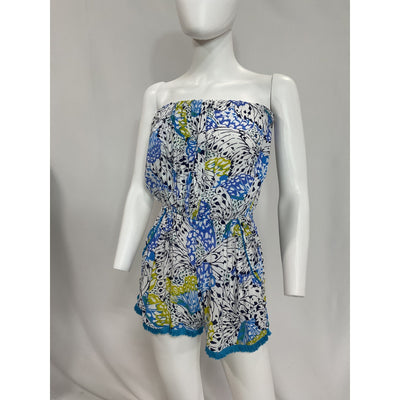 Poupette St Barth 'Ambra' Blue Strapless Fringe-Trimmed Playsuit Size M
