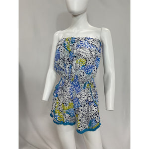 Poupette St Barth 'Ambra' Blue Strapless Fringe-Trimmed Playsuit Size M