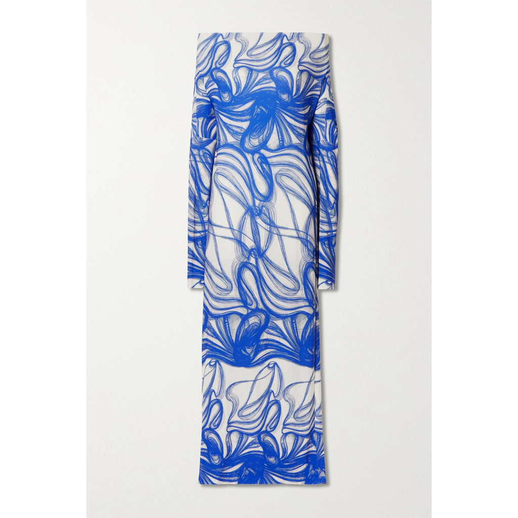 Norma Kamali Off-The-Shoulder Blue Printed Stretch-Jersey Maxi Dress Size XS