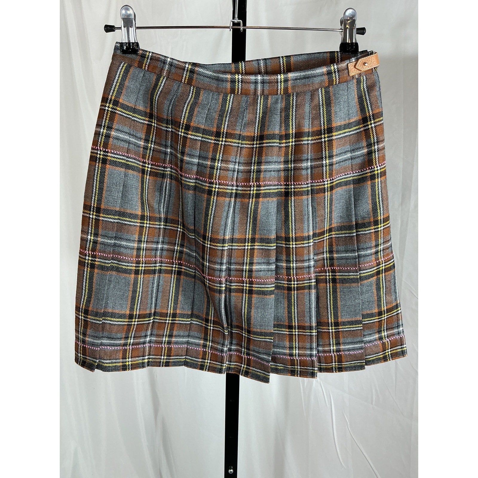 Lafayette 148 Embellished Brown Wool Leather-Trimmed Pleated Checked Wool Mini Skirt Size 0