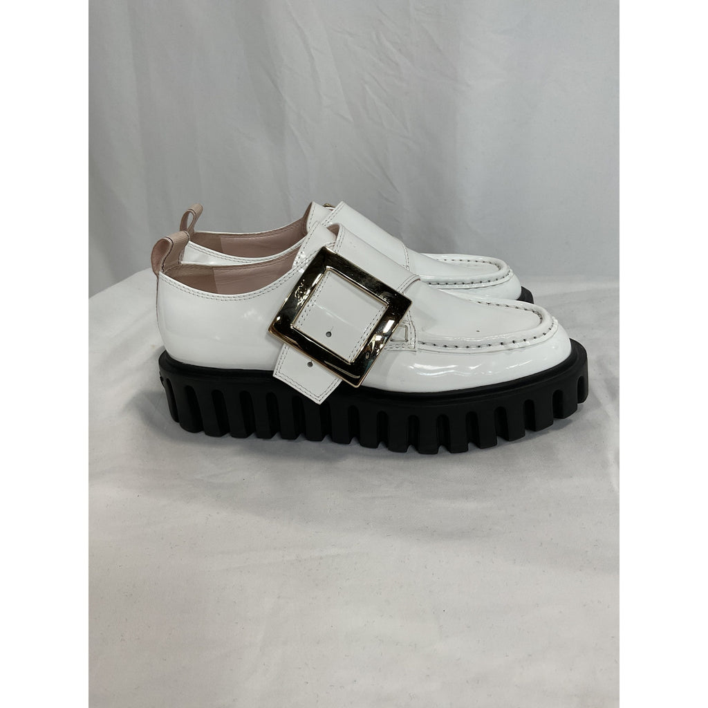 Roger Vivier 'Viv' White Creeper Metal Buckle Patent Leather Loafers Size 6.5