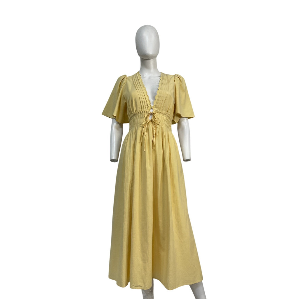 Astr The Label 'Hadleigh' Yellow Cotton Scallop Trim Midi Dress Size S NWT