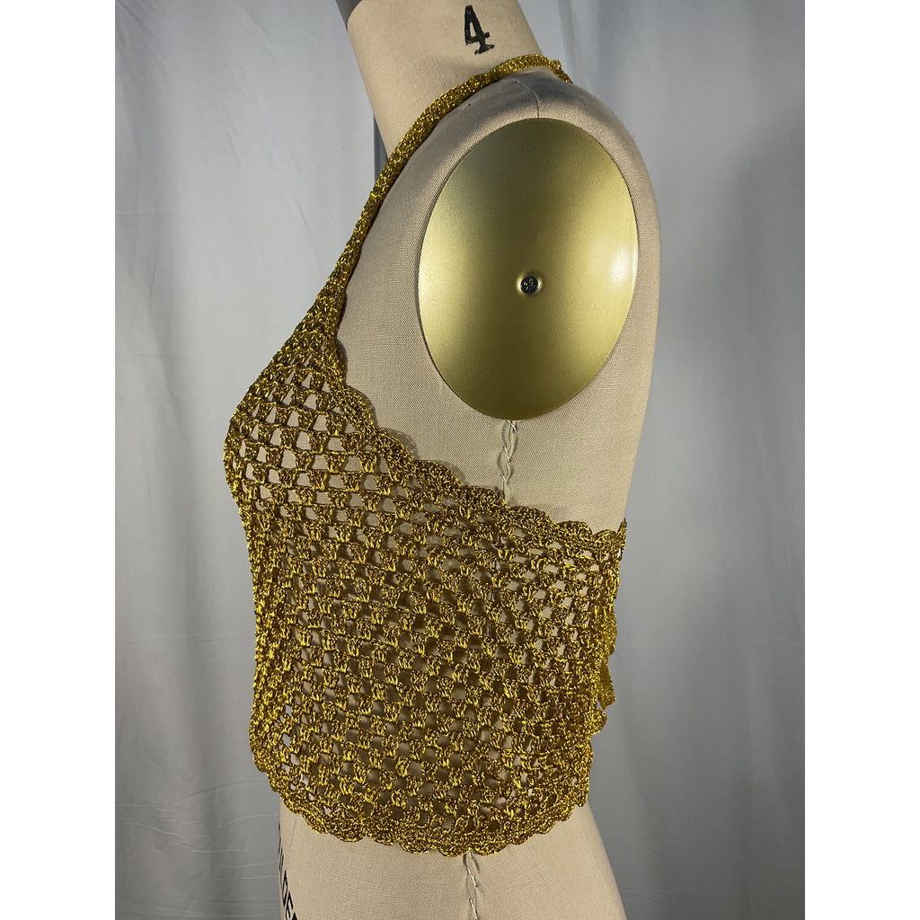 Ganni 'Metallic' Gold Viscose Crochet Top Size XS