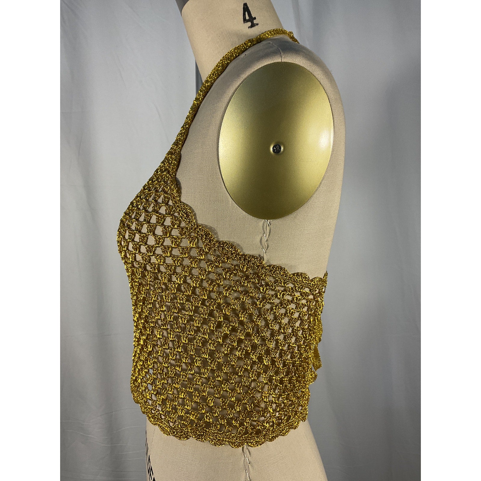 Ganni 'Metallic' Gold Viscose Crochet Top Size XS