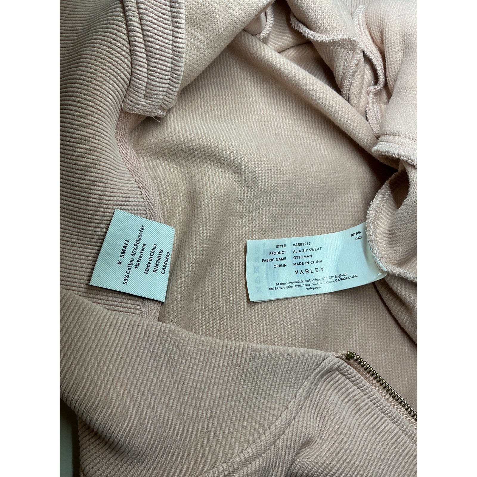 Varley 'Alia' Pink Cotton Zip Sweatshirt Size XS