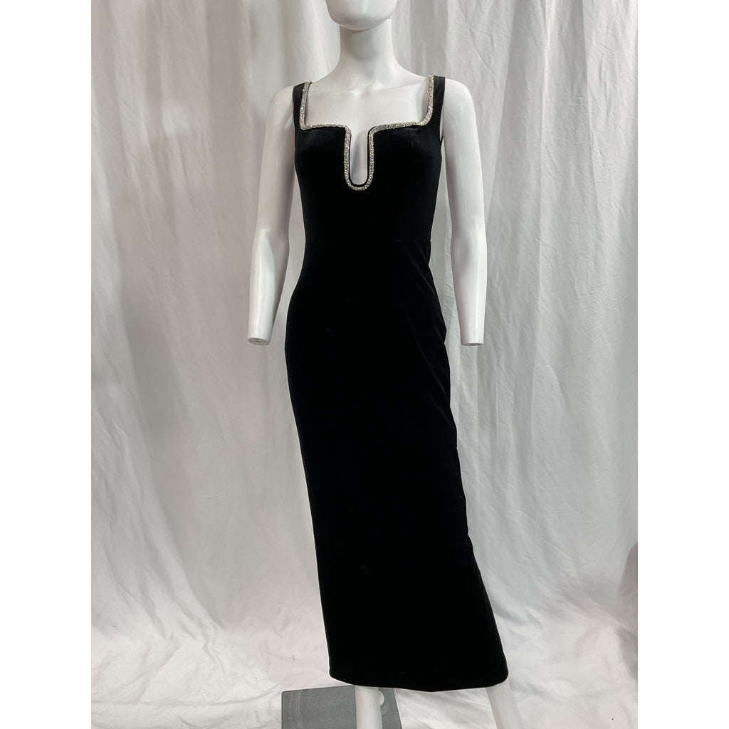Self-Portrait 'Velvet' Black Crystal Embellished Neckline Maxi Dress Size 0