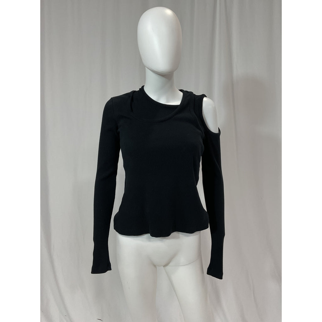 A.W.A.K.E. 'Mode' Black Layered Cutout Ribbed Cotton Blend Long Sleeve Blouse Top Size S