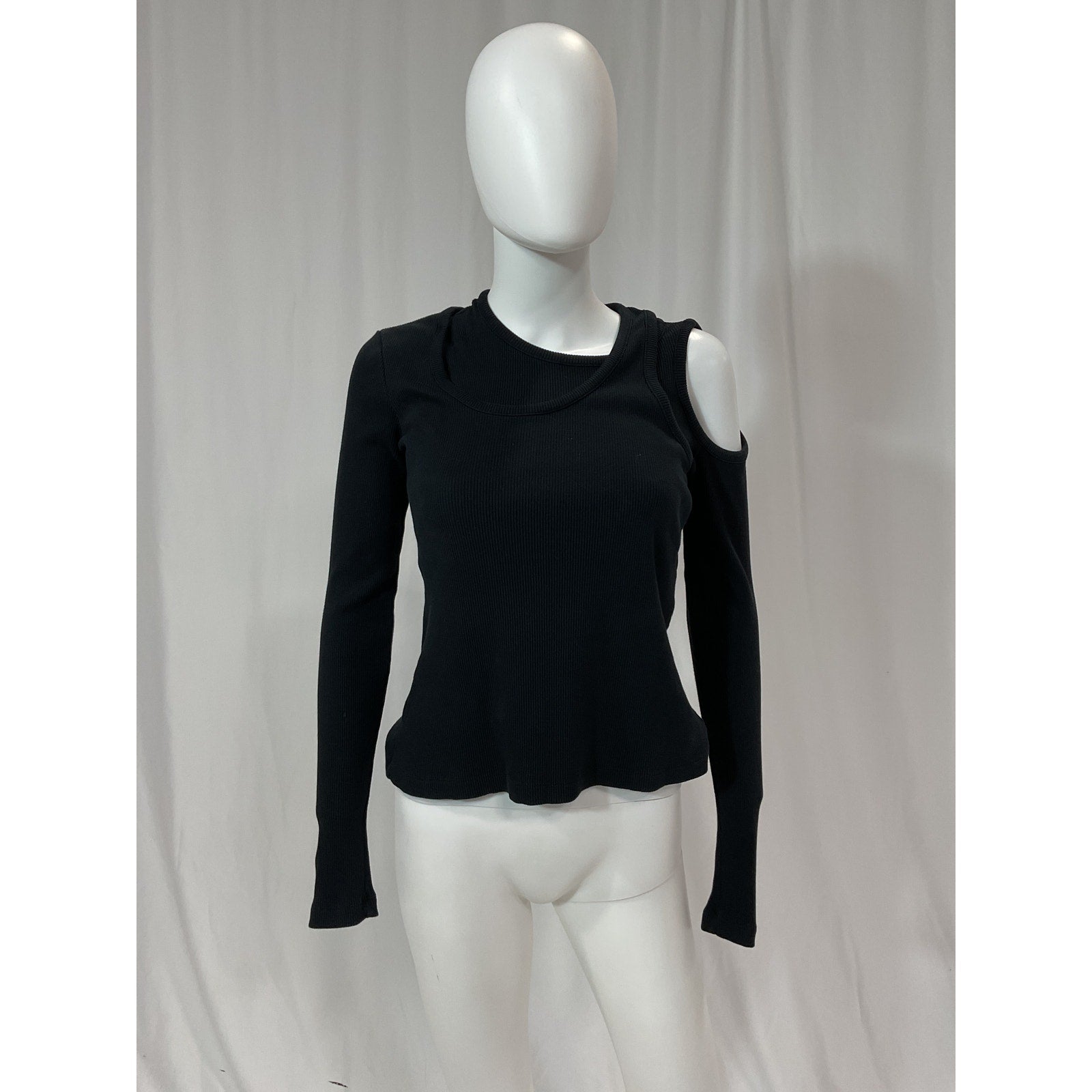 A.W.A.K.E. 'Mode' Black Layered Cutout Ribbed Cotton Blend Long Sleeve Blouse Top Size S