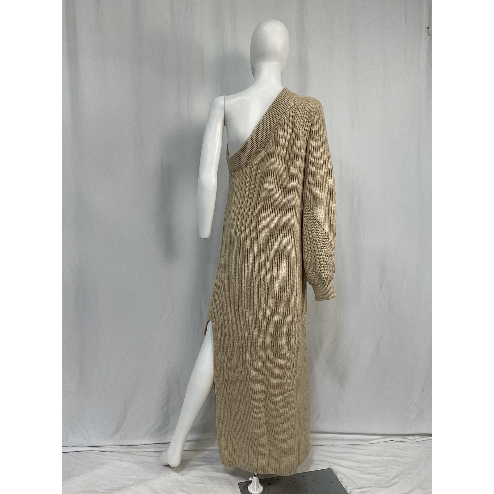 L'Academie 'Feride' Tan Acrylic One Shoulder Midi Dress Size XL
