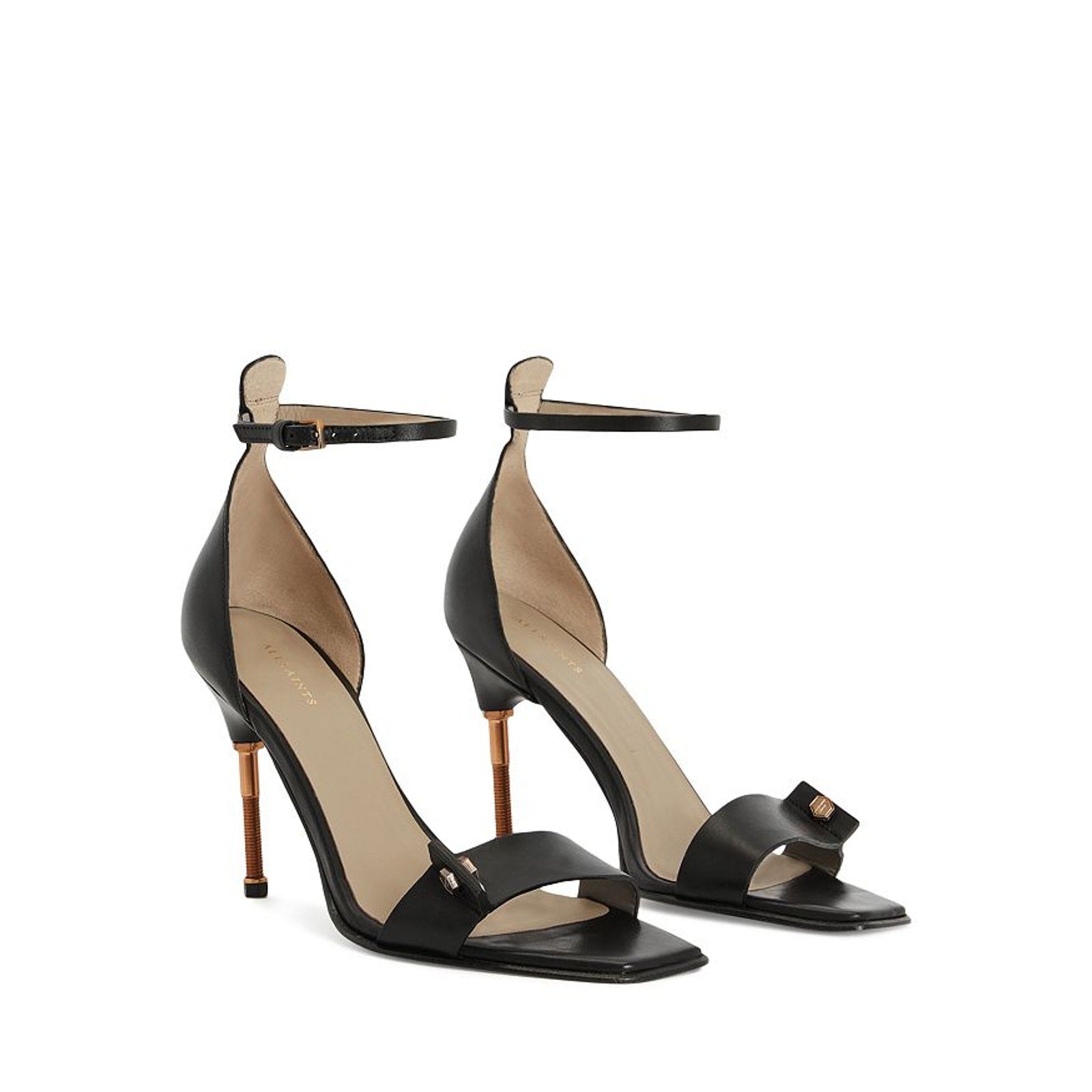Allsaints 'Betty' Black Leather Square Open Toe Bolt Style High Heel Sandals Size 11