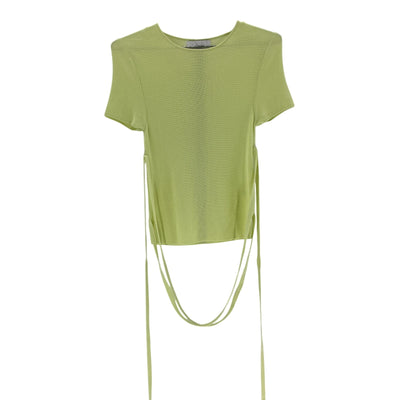 L'Academie Ribbed Green Conary Short Sleeve Tie Top Size L