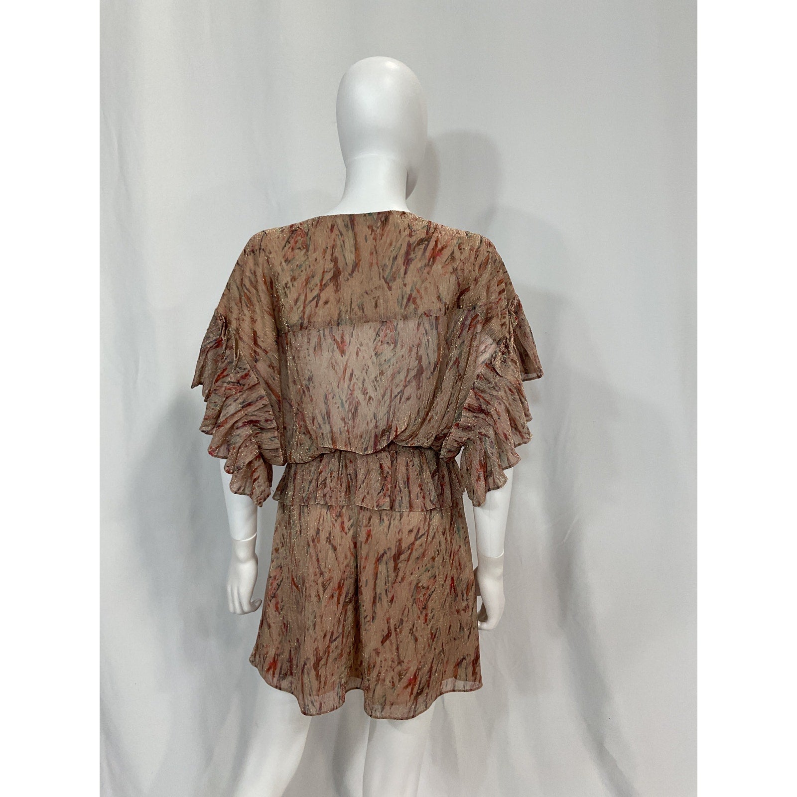 Iro 'Buoux' Pink Metallic Print Ruffle Flutter Sleeve V-Neck Mini A-Line Dress Size 4