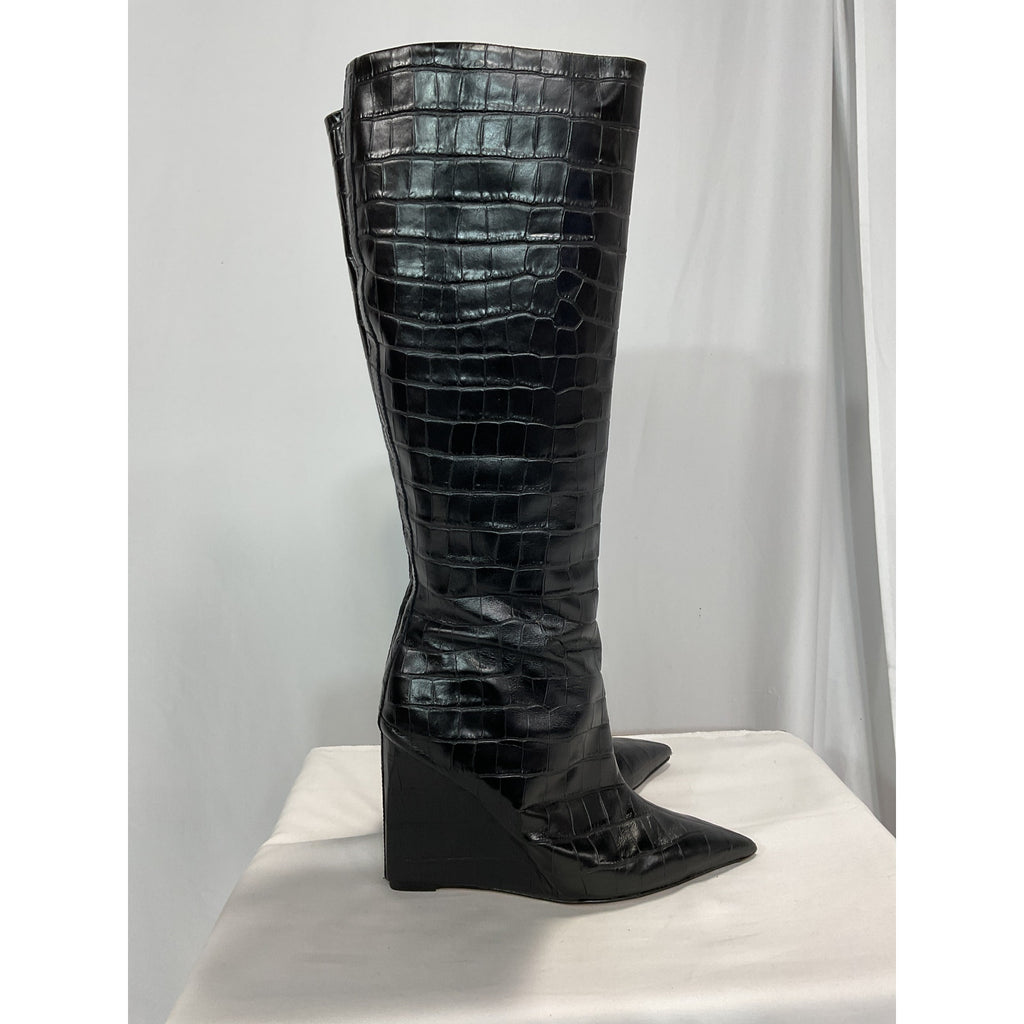 Schutz 'Asya Up' Black Suede Leather Wedge Knee High Boot Size 9