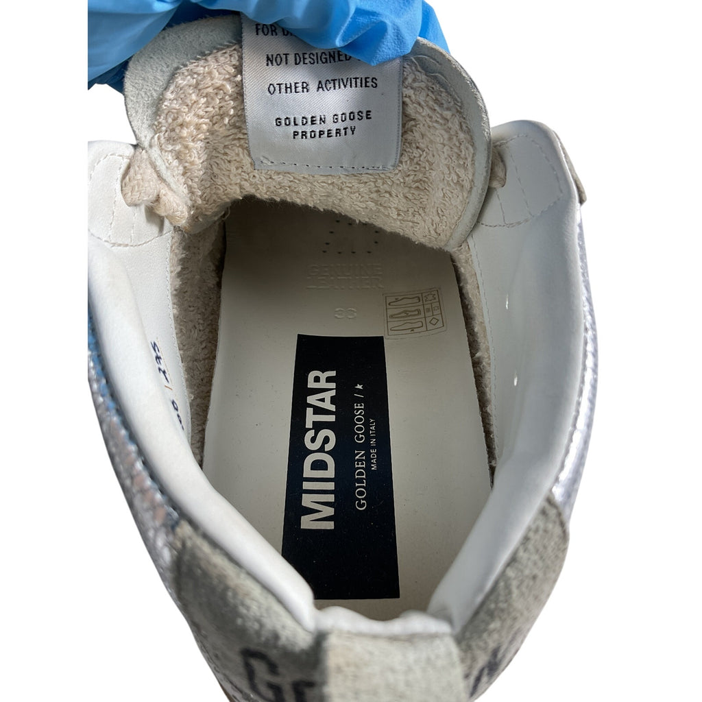 Golden Goose 'Mid Star' Silver Leather Distressed Suede-Trimmed Metallic Snake-Effect Leather Sneakers Size 8