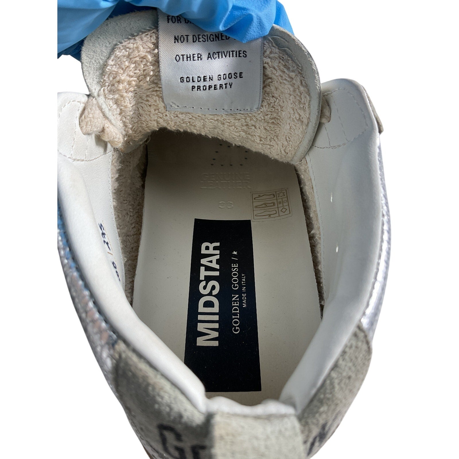 Golden Goose 'Mid Star' Silver Leather Distressed Suede-Trimmed Metallic Snake-Effect Leather Sneakers Size 8