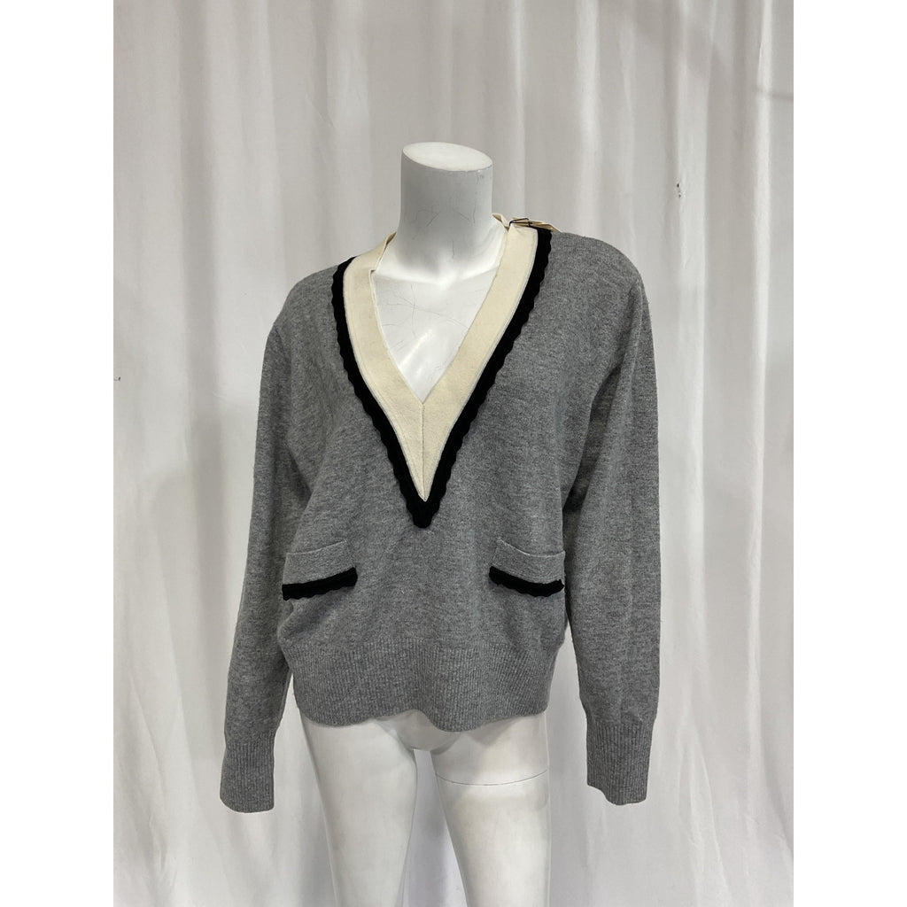 Sandro Sweater With Contrasting Grey Deep V-Neck Sweater Size 3 - NWT