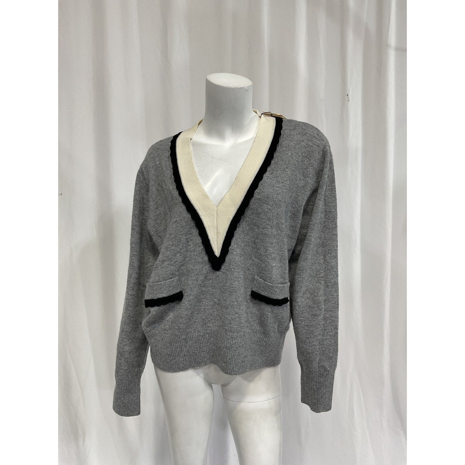 Sandro Sweater With Contrasting Grey Deep V-Neck Sweater Size 3 - NWT