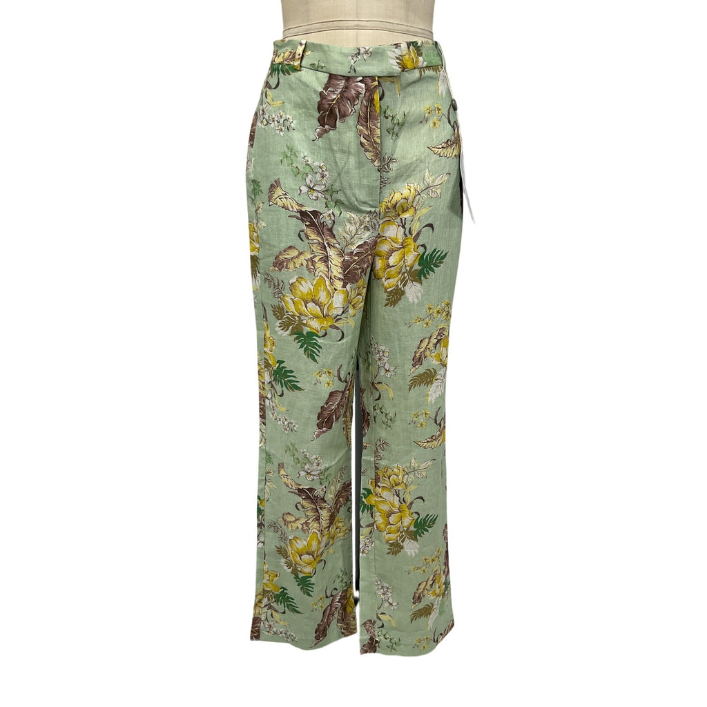 Zimmermann Green Linen Floral-Print Straight-Leg Pants Size 1 - NWT
