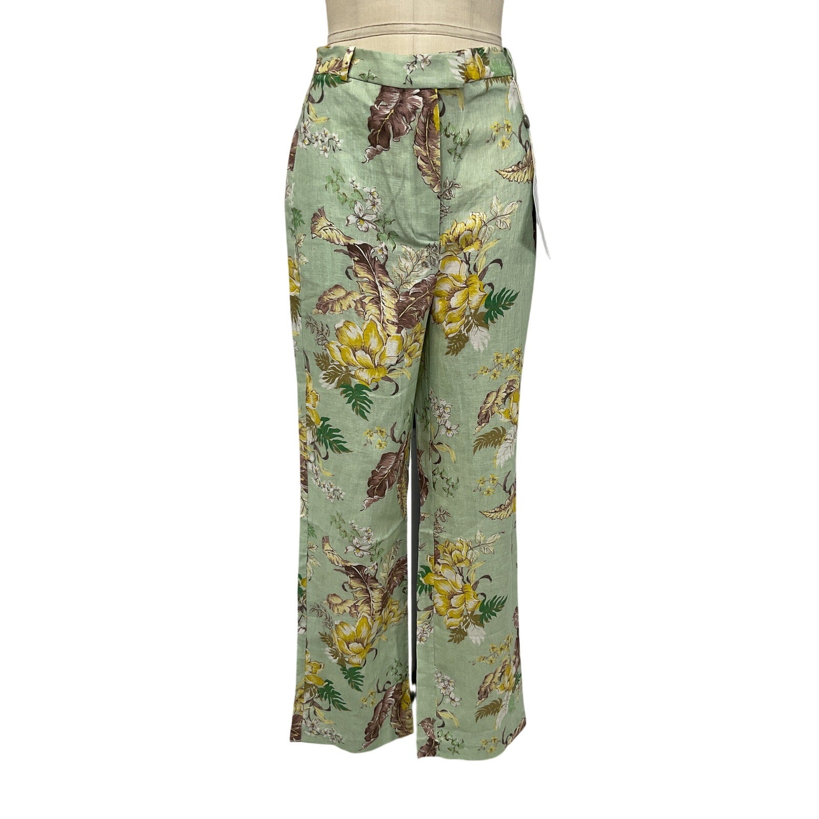 Zimmermann Green Linen Floral-Print Straight-Leg Pants Size 1 - NWT
