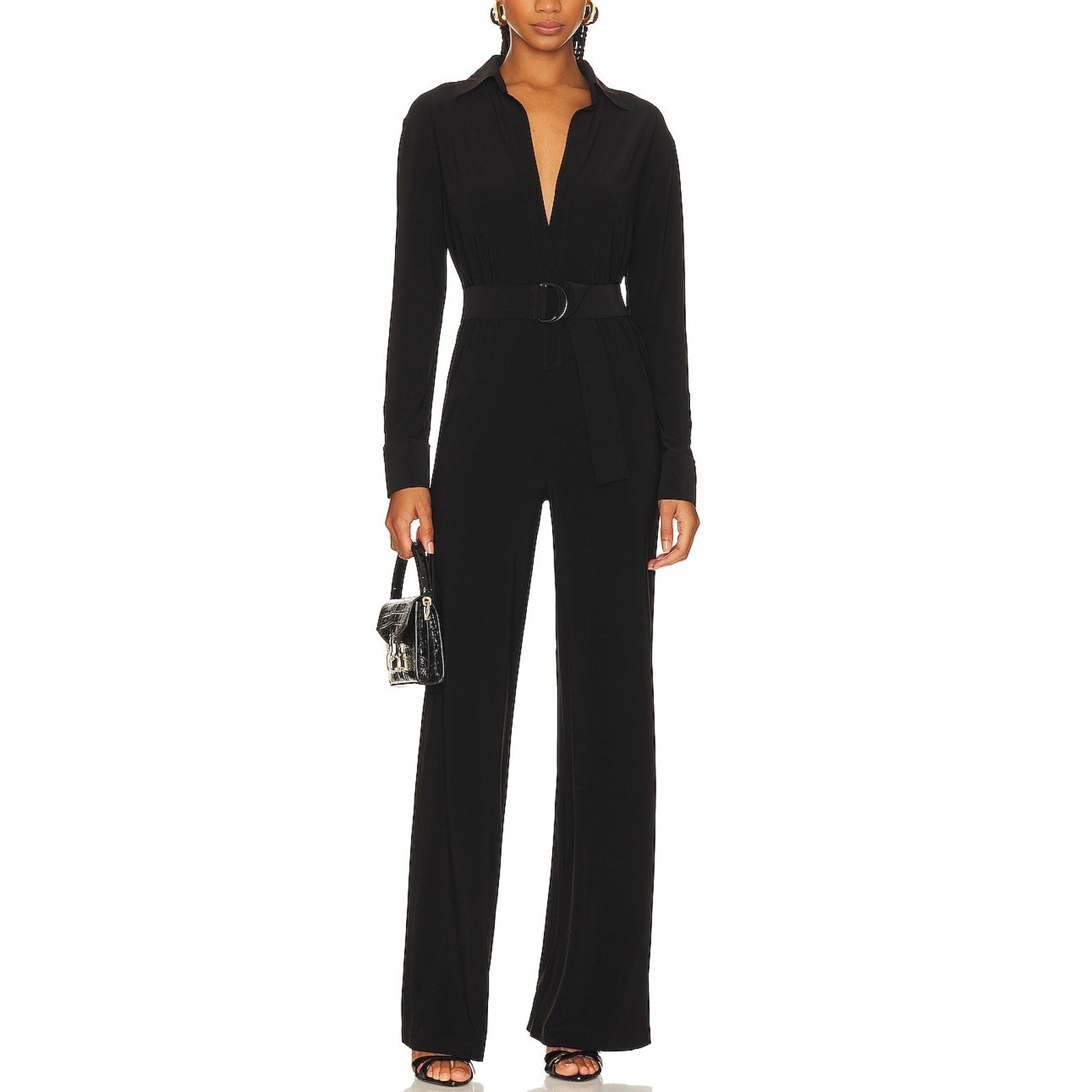 Norma Kamali Shirt Black Polyester Straight Leg Jumpsuit With Collar Stand Size S