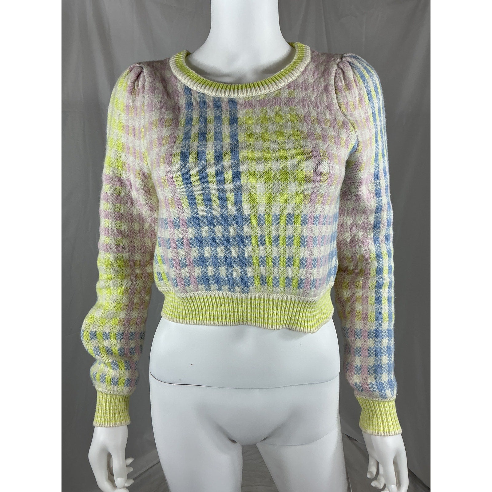Loveshackfancy 'Dolana' Green Nylon Check Crop Pullover Sweater Size XS