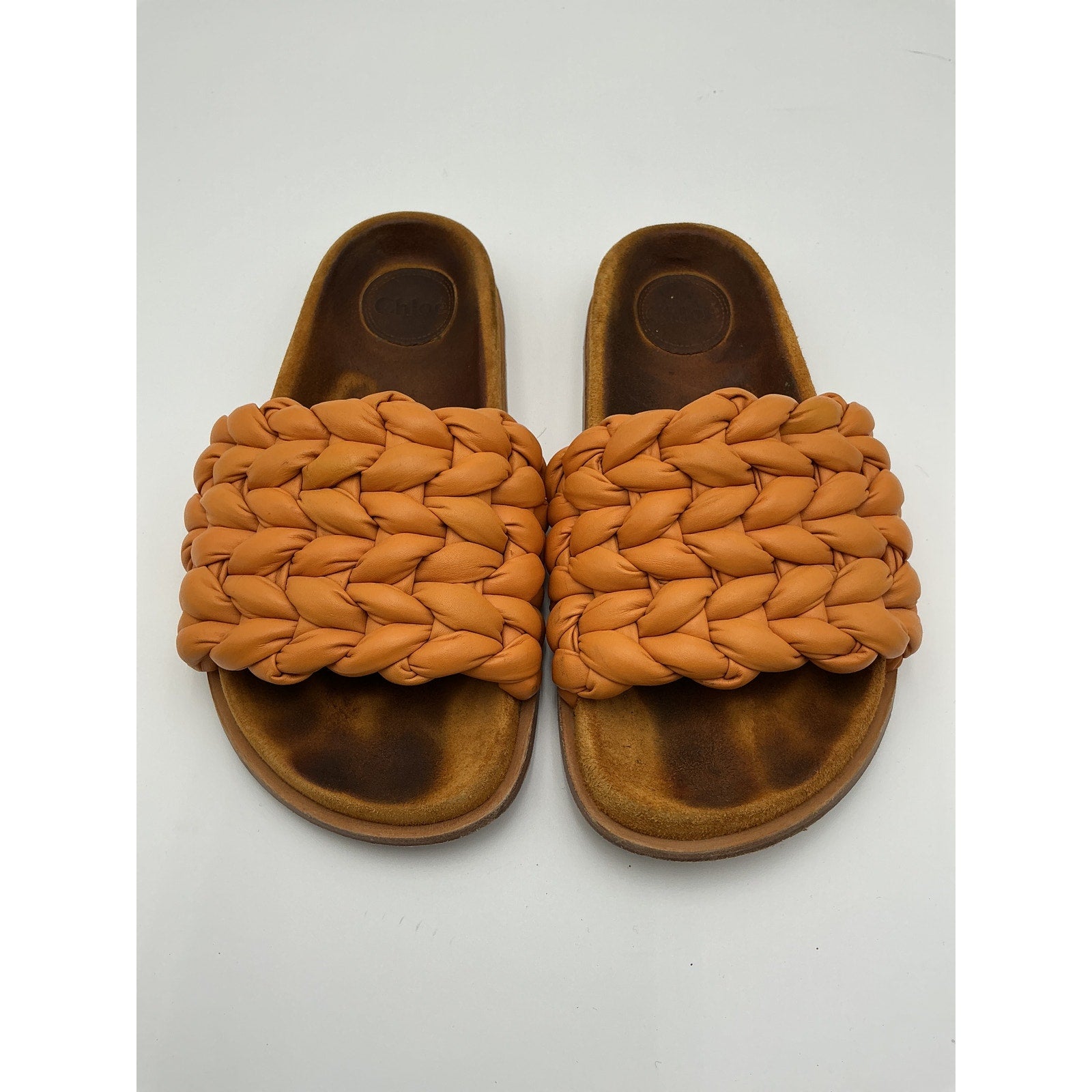 Chlo� 'Kacey' Orange Braided Leather Slides Size 9
