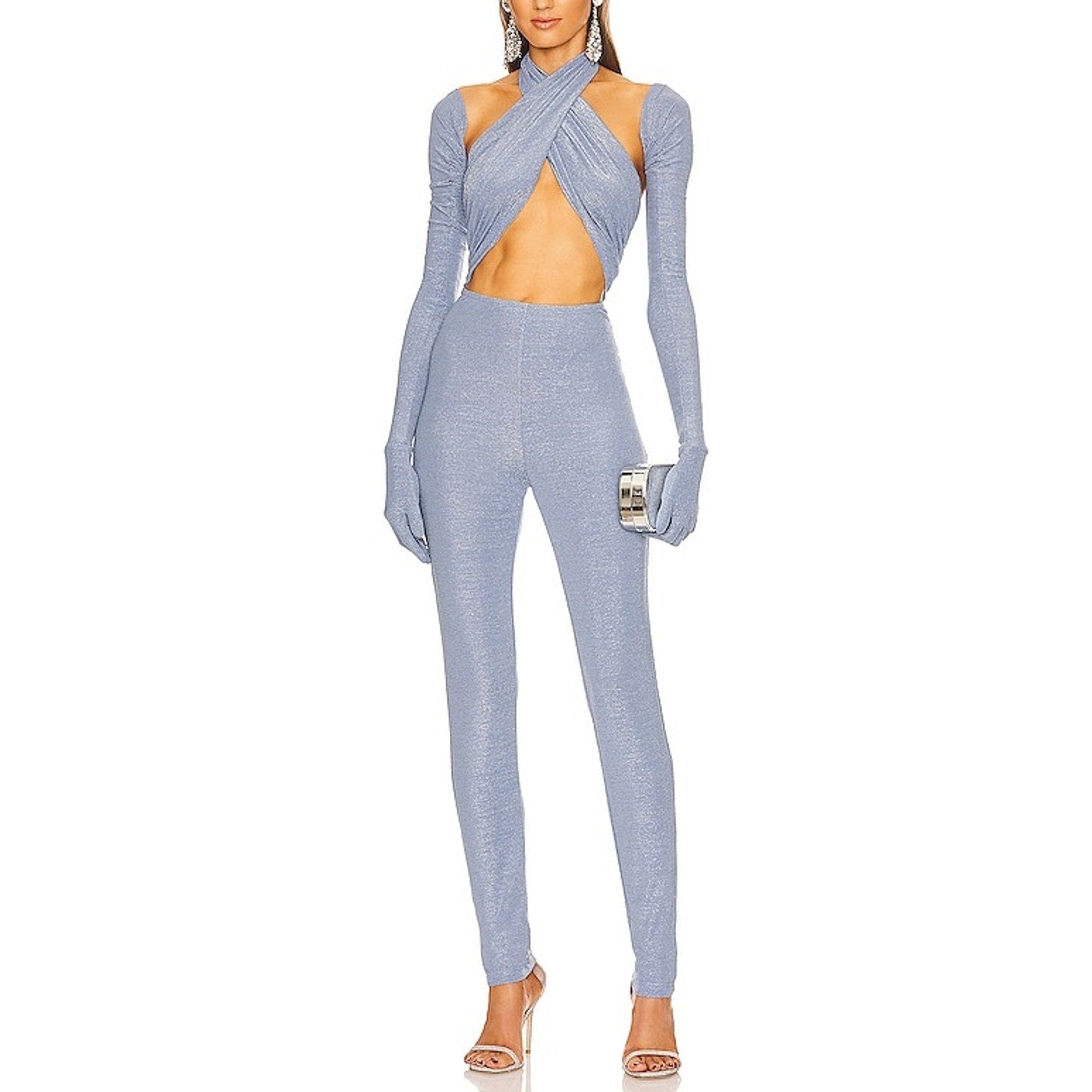 Kim Shui Glitter Blue Rayon Wrap Jumpsuit Size S