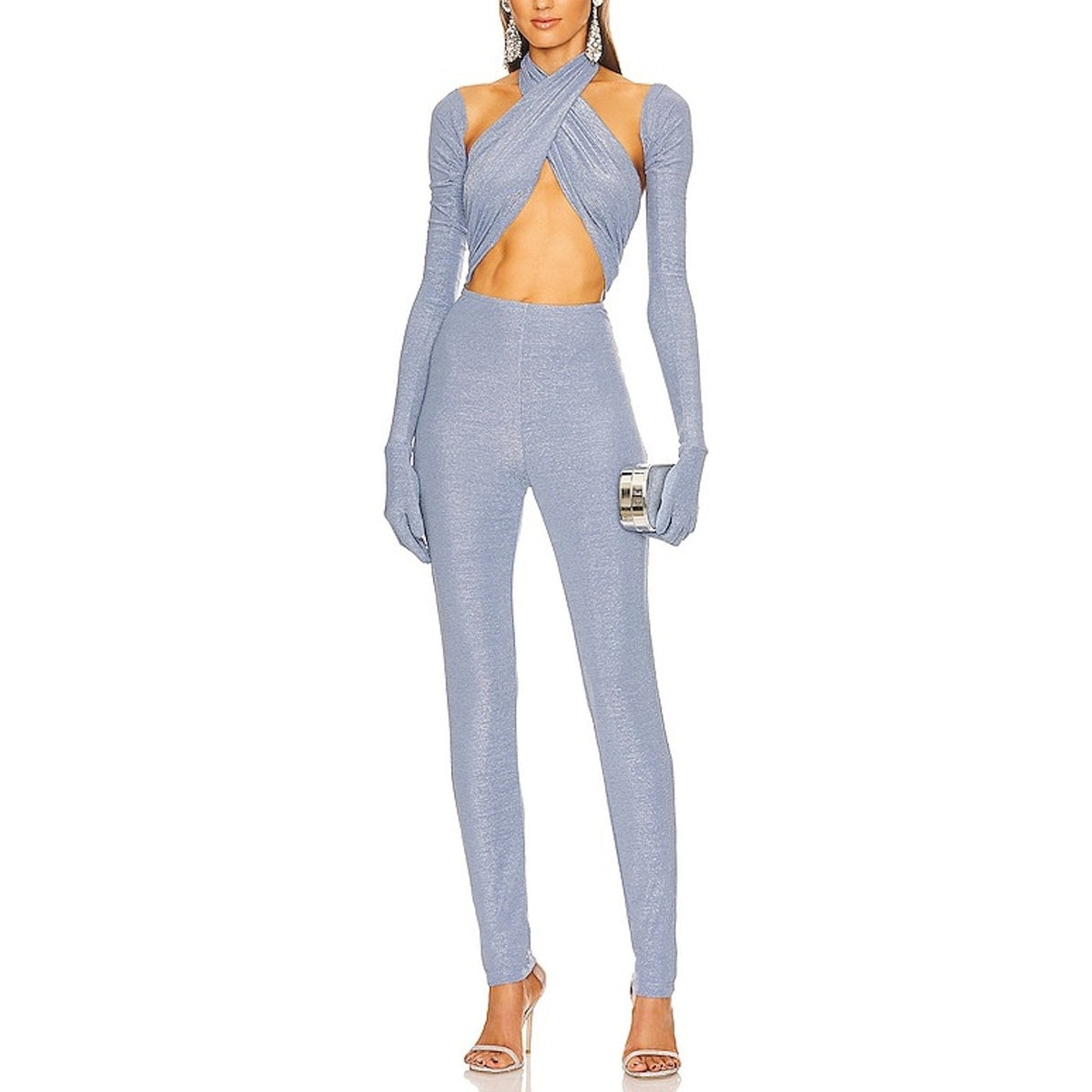 Kim Shui Glitter Blue Rayon Wrap Jumpsuit Size S