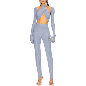 Kim Shui Glitter Blue Rayon Wrap Jumpsuit Size S