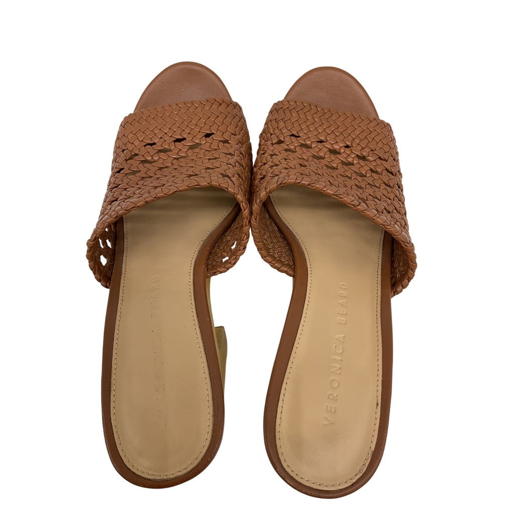 Veronica Beard 'Guadalupe' Brown Woven Leather Wooden-Heel Mules Size 6