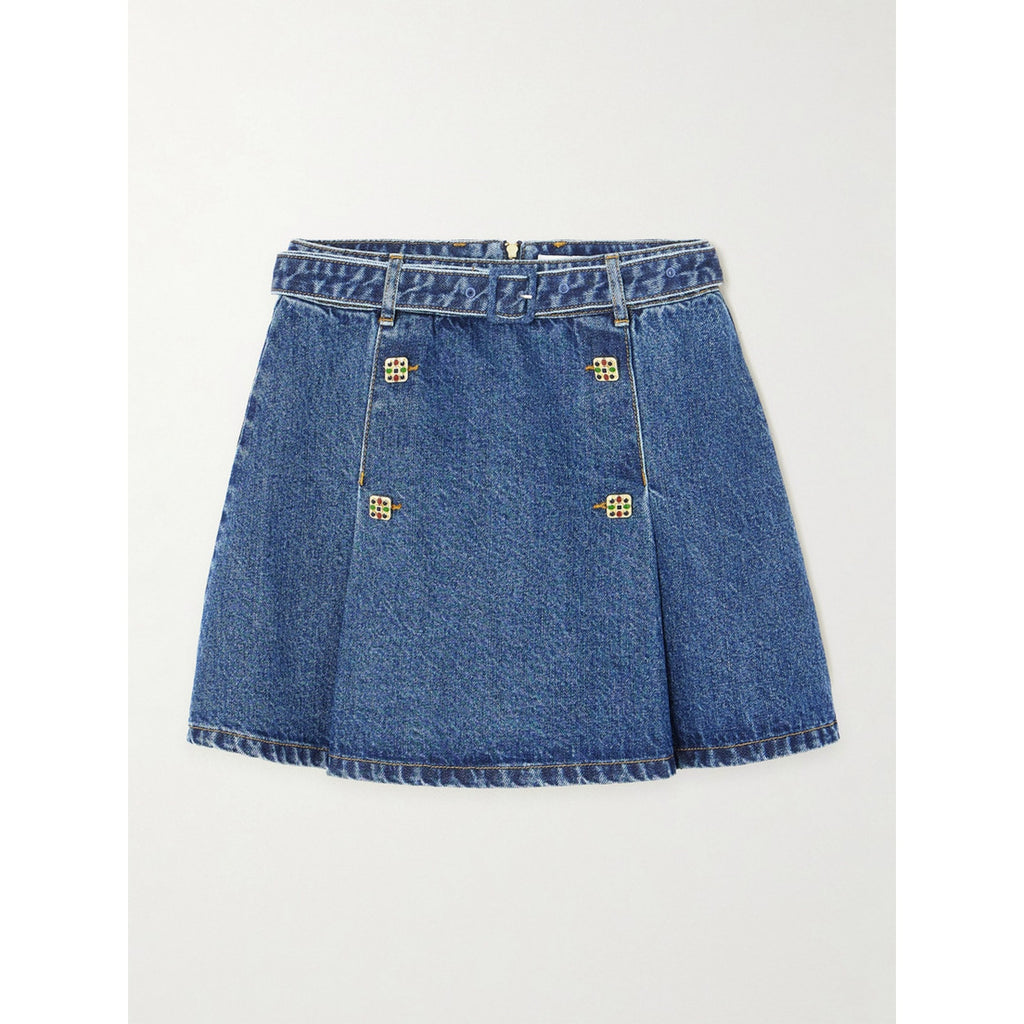 Self-Portrait Belted Blue Cotton Pleated Denim Mini Skirt Size M / 8 US