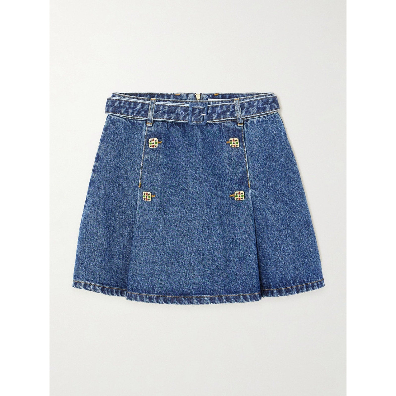 Self-Portrait Belted Blue Cotton Pleated Denim Mini Skirt Size M / 8 US