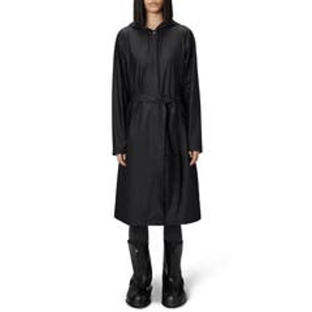 Rains Waterproof A-Line Black Polyester Long Raincoat Size S