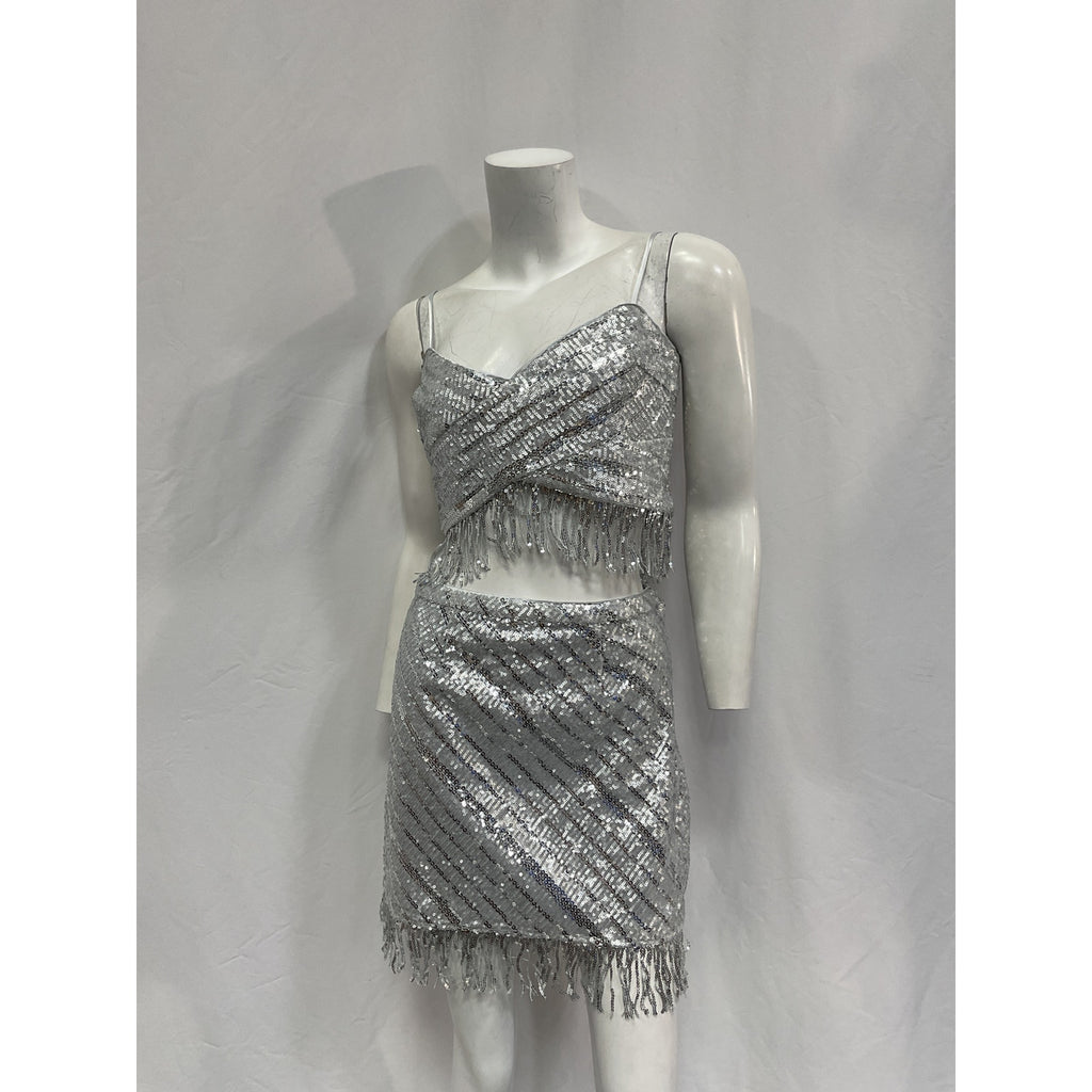 Saylor 'Persephone' Silver Polyester Top & Mini Skirt Set Size S