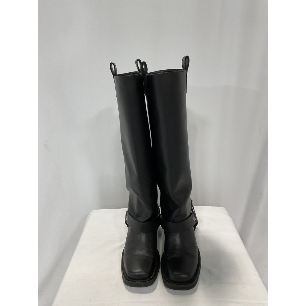 Ganni 'Under-Knee' Black Square Toe Faux Leather Biker Boots Size 10