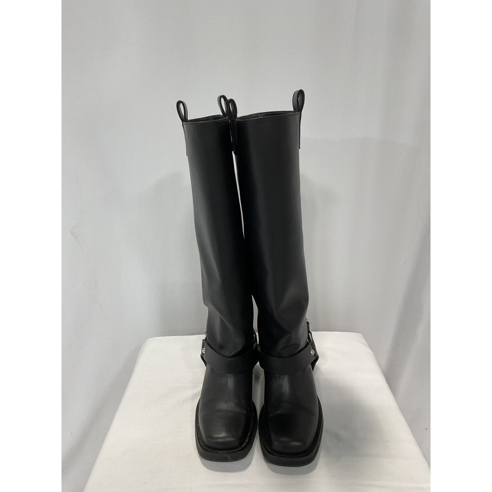 Ganni 'Under-Knee' Black Square Toe Faux Leather Biker Boots Size 10