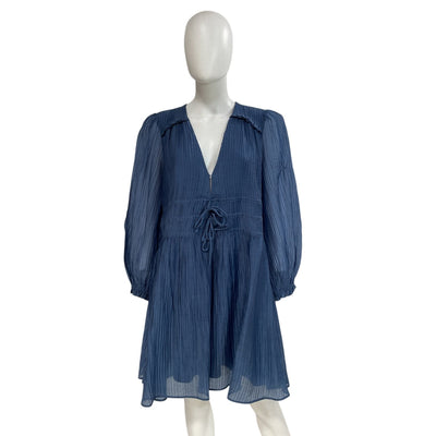 Maje Tie-Detail Navy Plisse-Organza Dress Size Fr 42/US 10-12