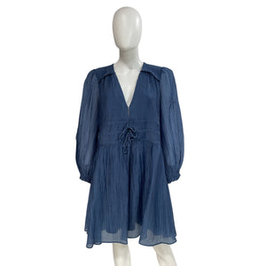 Maje Tie-Detail Navy Plisse-Organza Dress Size Fr 42/US 10-12