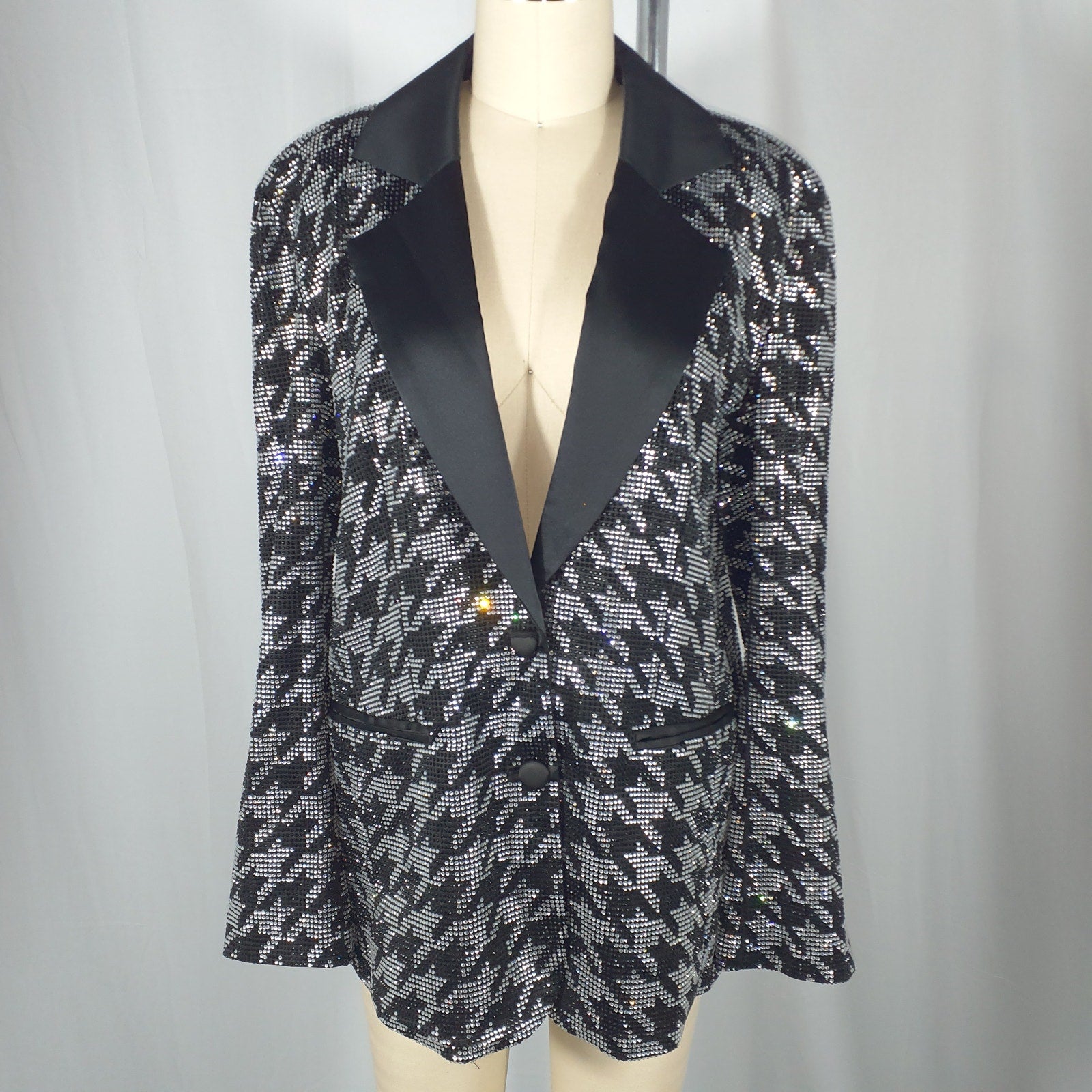 Retrofete 'Ivy' Black Crystal Embellished Houndstooth Satin Blazer Size S