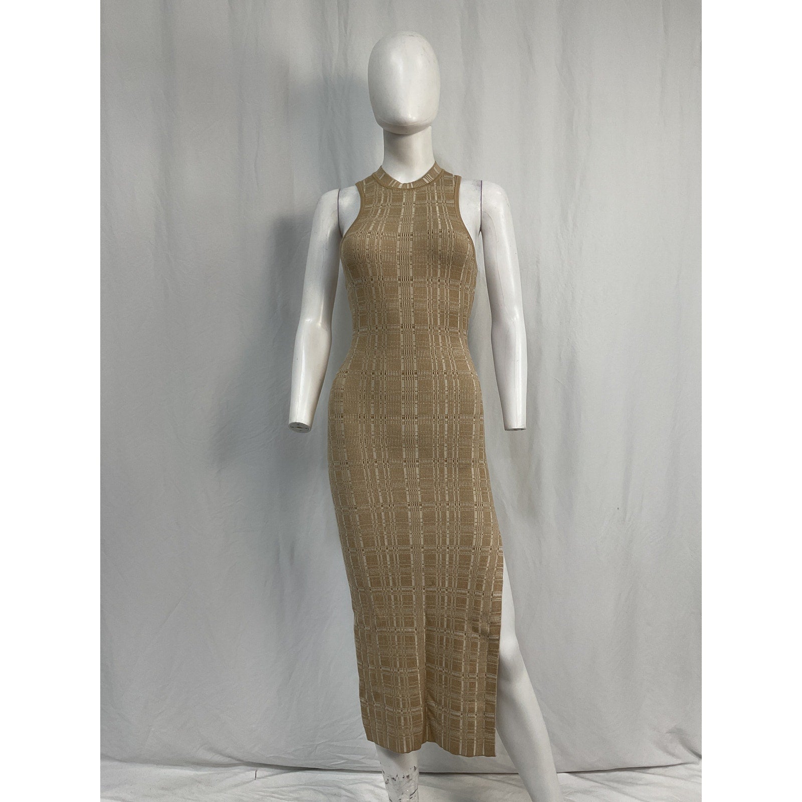L'Academie By Marianna 'Halia' Beige Viscose Midi Knit Dress With Slit Size S - NWT