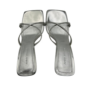 Amina Muaddi Metallic Silver Adriana Heeled Sandals Size 6