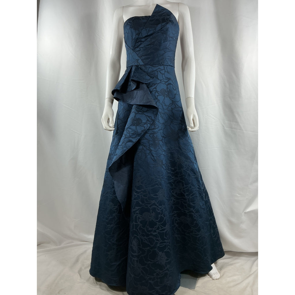 Ml Monique Lhuillier Blue Polyester Floral Jacquard Ball Gown Size 2