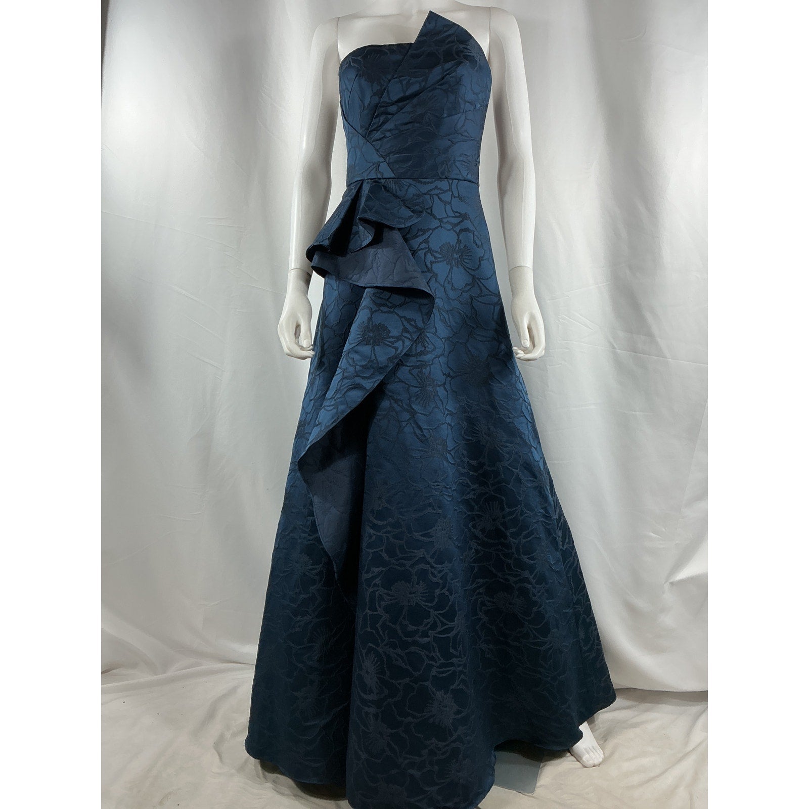 Ml Monique Lhuillier Blue Polyester Floral Jacquard Ball Gown Size 2