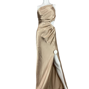 Shona Joy Ruched Tan One Shoulder Cutout Maxi Dress Size 4 NWT