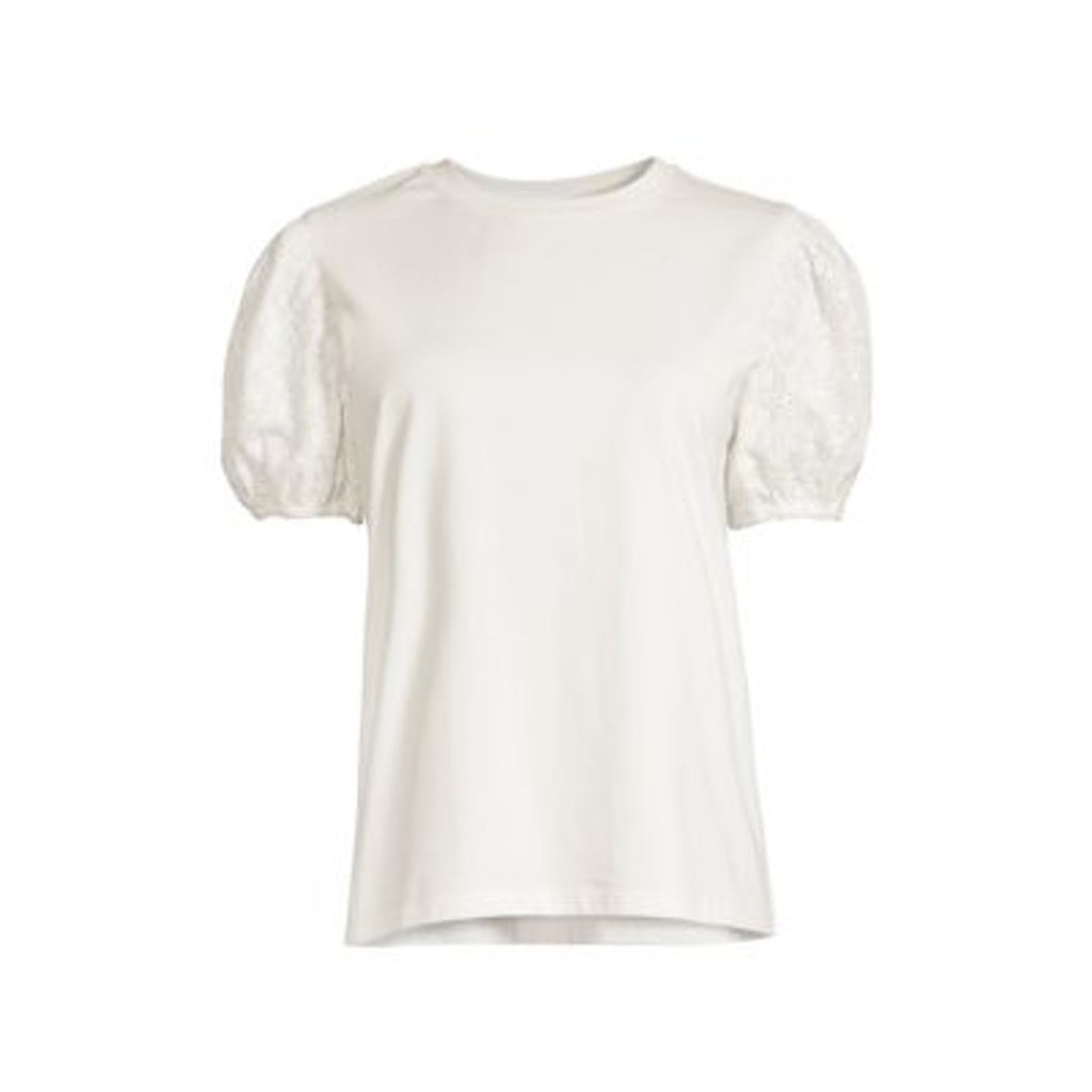 Jason Wu 'Eyelet' White Cotton Crew Neck Lace Puff Sleeve T-Shirt Size S - NWT