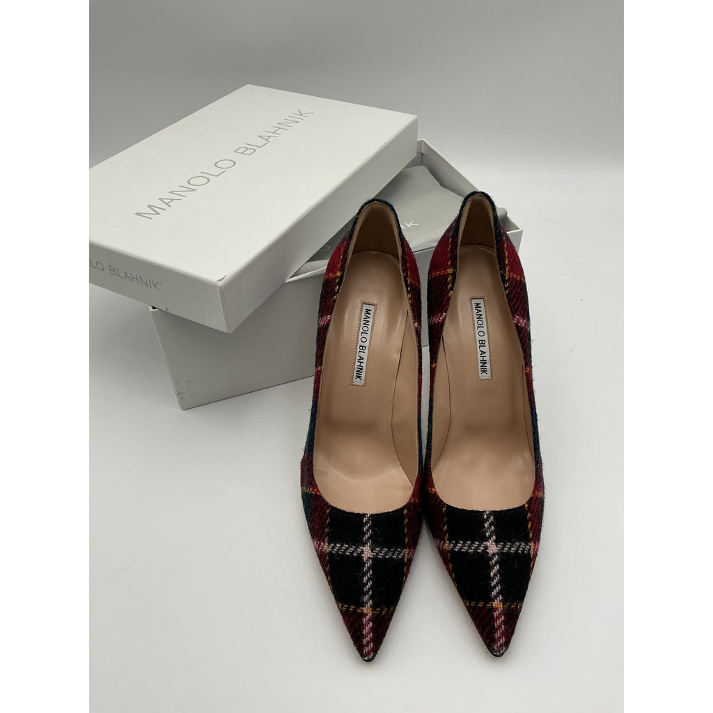 Manolo Blahnik Bb 105 Red Wool Check Wool Pumps Size 9.5