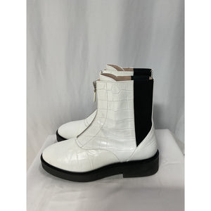 Stuart Weitzman 'Lodge' White Zip Croc-Embossed Leather Boot Size 7