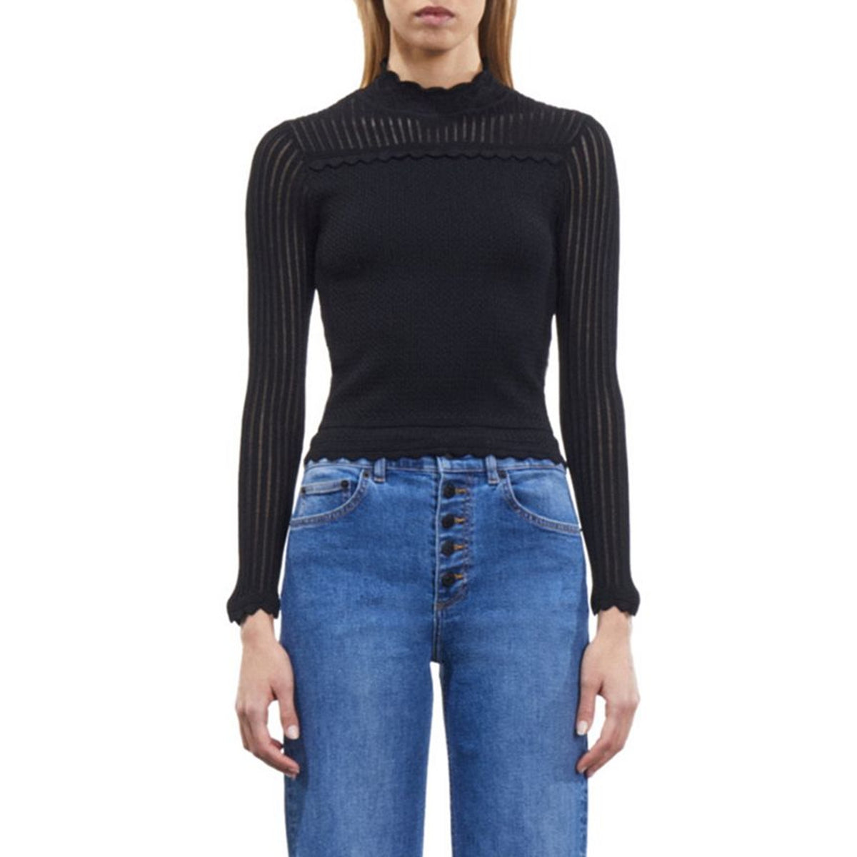 The Kooples Scalloped Black Pointelle Knit Top Size 1